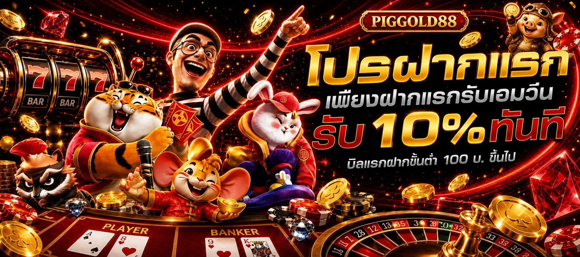 ภาพฮีโร่ PIGGOLD88 สล็อตโทนแดงดำพร้อมตัวละครแฟนตาซี